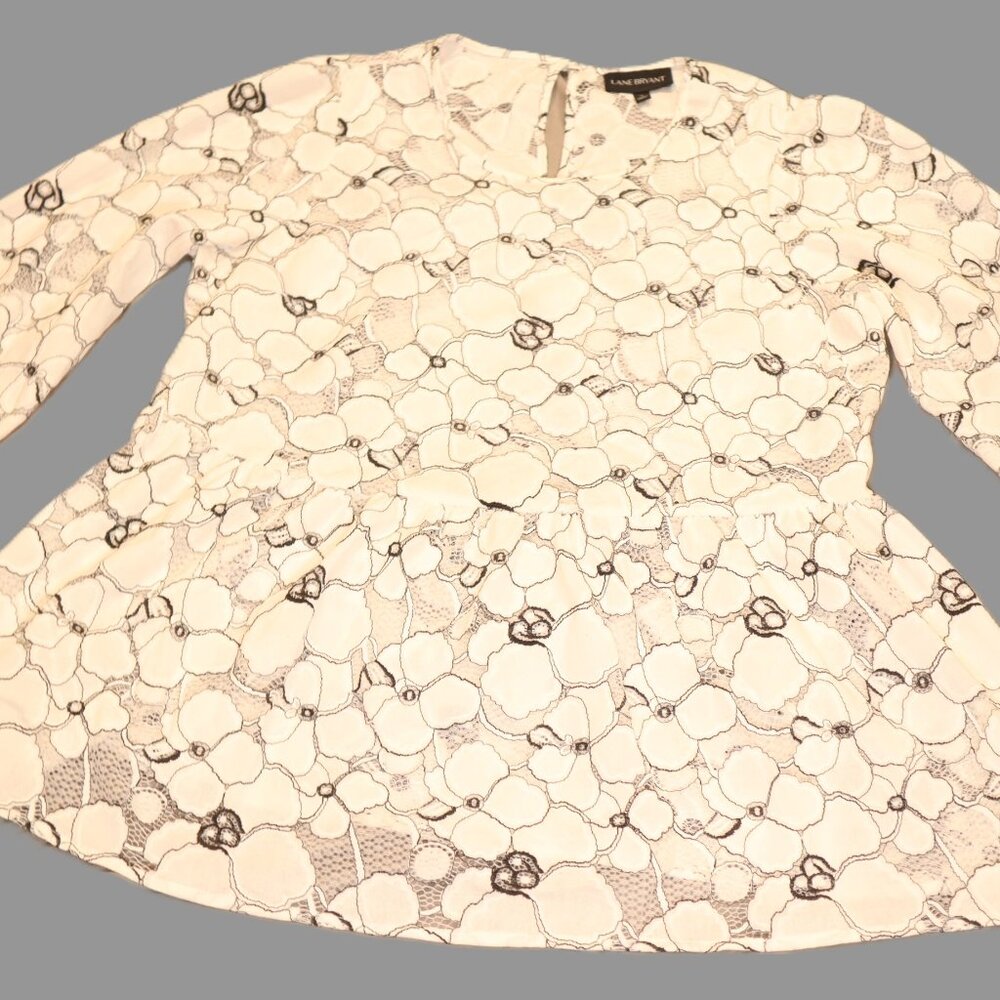 Lane Bryant Sheer Floral Lace Peplum Blouse – White/Black – Size 18